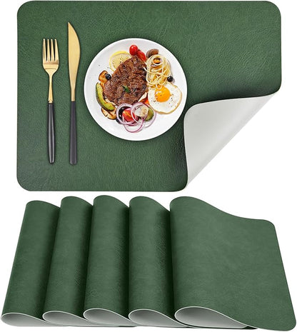 AAPLKER Faux Leather Placemats Set of 6, Vinyl Placemats Wipeable Waterproof Oil-Proof Table Mats, Heat Resistant Place Mats for Kitchen Indoor Outdoor, 16.9 x 11.8 inches (Green/Grey)