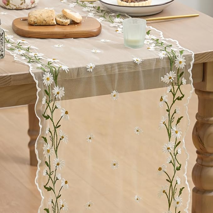Artoid Mode Daisy Floral Beige Apricot Shaped Gauze Embroidery Table Runner 120 by ArtoidMode