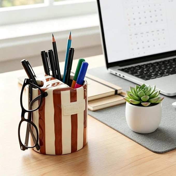 10oz Ceramic Coffee Mug with Sip Hole, Striped Espresso Cups - Image 9