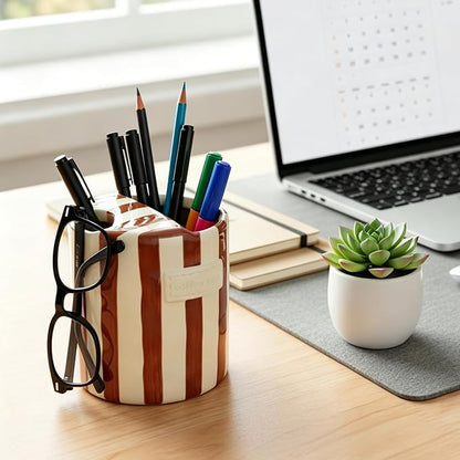 10oz Ceramic Coffee Mug with Sip Hole, Striped Espresso Cups - Image 9
