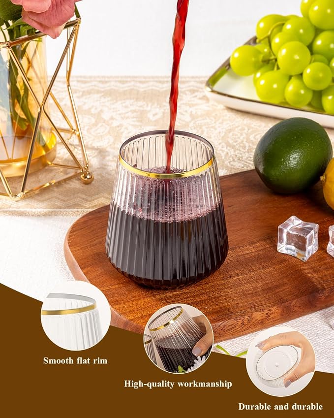 Goodluck 80 Pack 12oz Stemless Clear Ribbed Plastic Wine Glasses Gold Rim | - Image 3