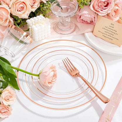 bUCLA 150PCS Clear Rose Gold Disposable Dinnerware set - Image 4