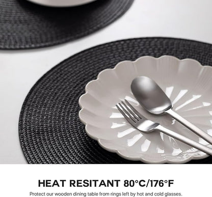 Round Placemats Set of 4 Plastic Woven Placemats Washable Wipeable Table Mats for Dining Table Heat Resistant Non-Slip Circle Place Mats (Black)