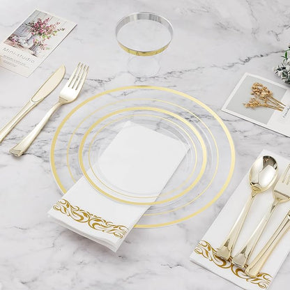 BESTVIP 100PCS 7 Inch Clear Plastic Dessert Plates, Disposable Salad Plate with Gold Rim, Heavy Duty Plastic Small Cakes Plates for Party, Wedding and Birthday, Christmas, Thanksgiving, Events