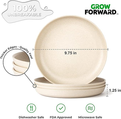 Grow Forward Premium Wheat Straw Plates and Bowls Sets - 8-Piece Wheat Straw Dinnerware Sets - Unbreakable & Reusable Microwave Safe Plastic Dinner Plates for Outdoors, RV, Camping Dishes - Sahara