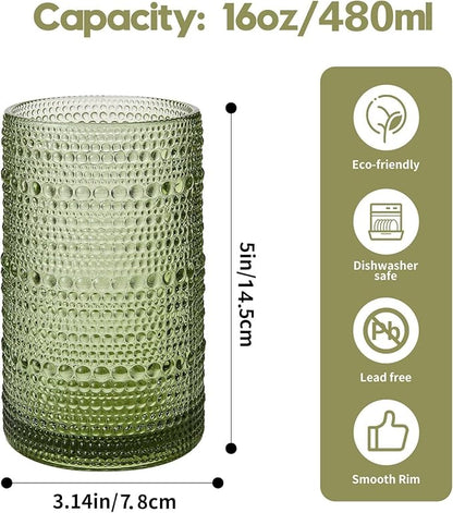 Vintage Hobnail Drinking Glasses Set of 6, 16 oz Large Capacity Embossed Green Tumblers, Highball Glasses for Water, Cocktail, Beer, Whiskey, Kitchen & Bar Use