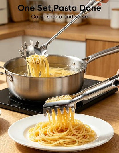 Spaghetti Spoon & Pasta Tongs Set, 2-Piece Stainless Steel Pasta Server | - Image 2