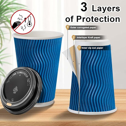 500 Pack Coffee Cups with Lids 16oz, Disposable Insulated Ripple Wall To Go Paper Coffee Cups for Hot/Cold Drinks Office Home Shop Event (Navy)