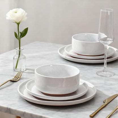 GZG Modern Art Series - 18 Pcs Speckled Stoneware Plates and Bowls Sets, Ceramic Dinnerware Set with Rustic Terracotta Underside, Microwave and Dishwasher Safe Handcrafted Dishes Set - Porcelain White