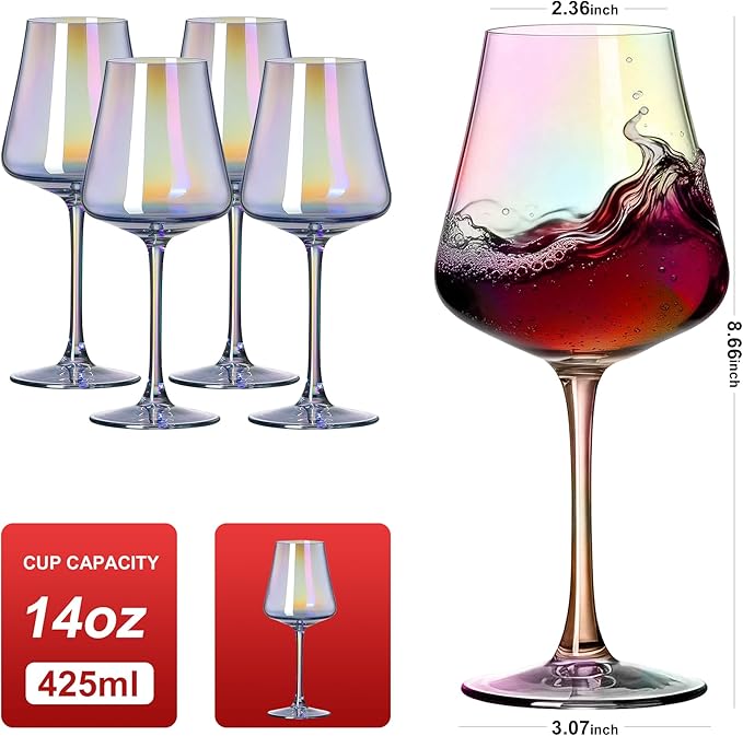 PTSTING Wine Glasses Set of 4 Iridescent Wine Glass 14oz Rainbow Glassware for Tasting,Wedding,Anniversary,Christmas, Birthday