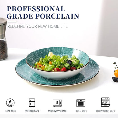 Bestone 12-Piece Round Porcelain Dinnerware Set, Service for 4, Chip Resistant Plates and Bowls,Green, Dishwasher & Microwave Safe for Home Daily Use