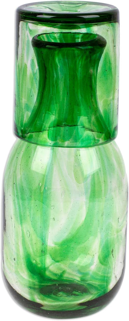 NOVICA Artisan Handblown Recycled Glass Carafe Green Cup Mexico Tableware - Image 3