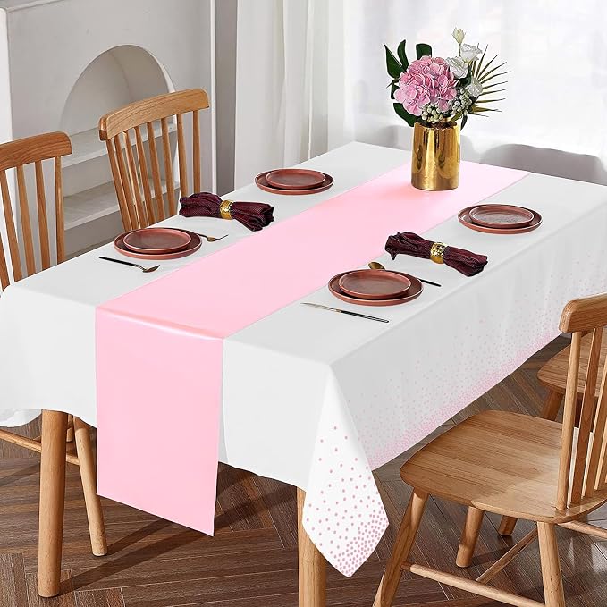 16Pack Disposable Plastic Tablecloths and Satin Table Runner Set White and Pink - Image 5