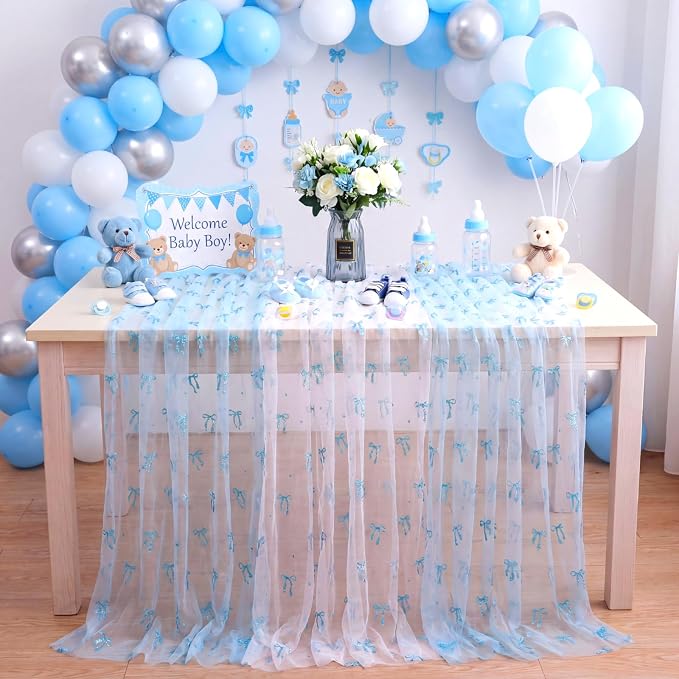 4 Pcs Blue Bow Table Runners 29 x 70 Inch Blue Tulle Lace Table Runner Coquette - Image 4