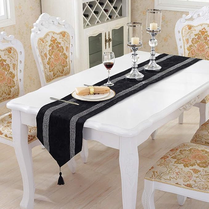 Elegant Bling Rhinestone Black Table Runner, Ombre Velvet, Double-Layer - Image 5