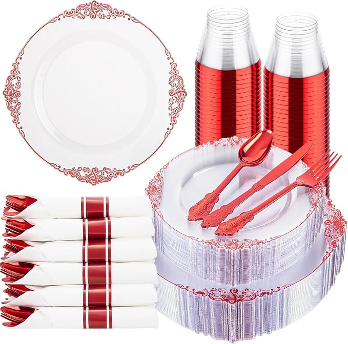 175 Pcs Clear Red Plates for Party | Red Party Plates Set for 25 Guests by Hioasis