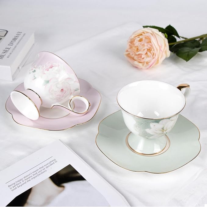 KAMMAK Tea Cups Set of 2, Ceramic Floral Pattern Demitasse Cup | Porcelain - Image 6