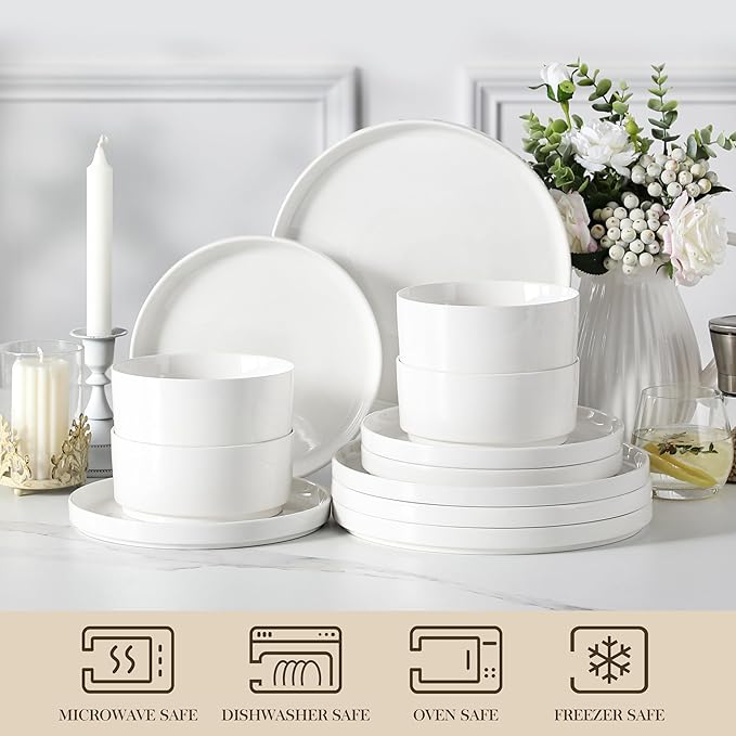 MALACASA 12 Pieces Porcelain Dinnerware Set, Modern White Dish Set - Image 4