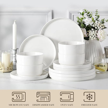 MALACASA 12 Pieces Porcelain Dinnerware Set, Modern White Dish Set - Image 4