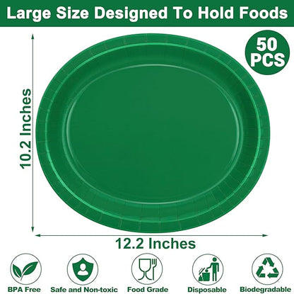 QZYL 50 Count Paper Plates, 12.2'' X 10.2'' Large Green Oval Plates, Daily Dinner Plates Disposable Paper Tray Bulk Party Supplies for Outdoor Picnic Birthday Party Barbecue Holiday