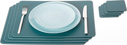 Nikalaz Set of 4 Placemats and 4 Coasters Made of Recycled Leather (18''x13'', Petroleum Green)