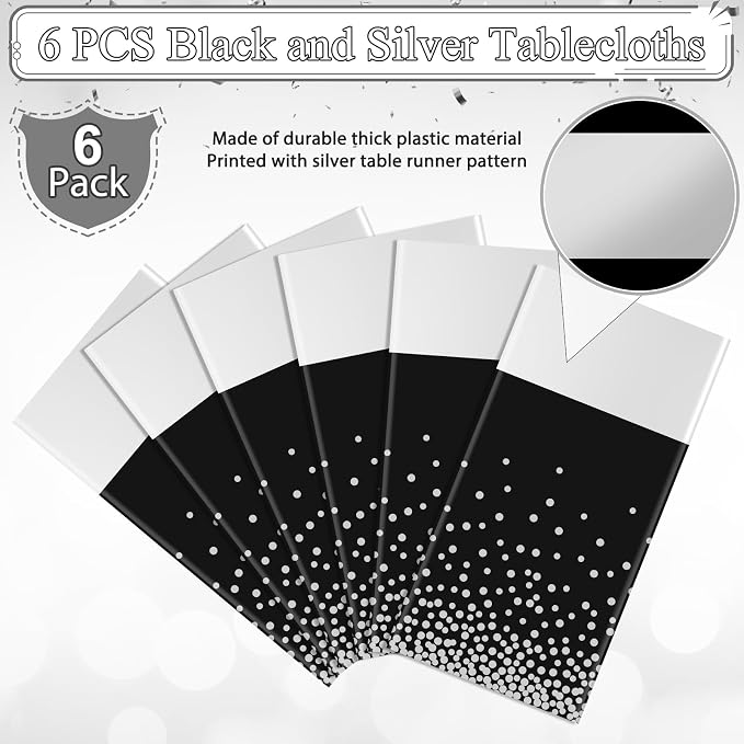 6Pcs Black and Silver Tablecloth Party Decorations, Plastic Black Table Cloth - Image 4