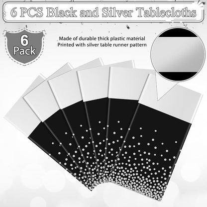 6Pcs Black and Silver Tablecloth Party Decorations, Plastic Black Table Cloth - Image 4