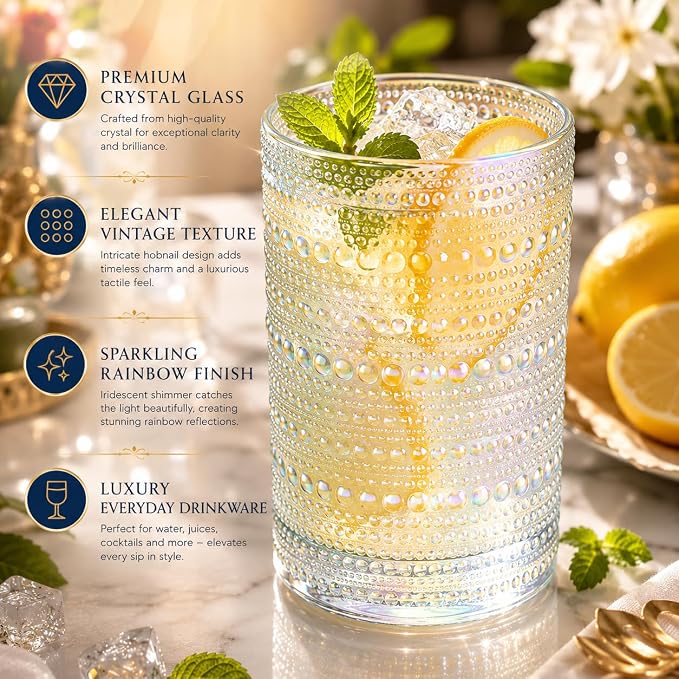 Hobnail Beaded Highball Drinking Tumbler Glasses | Set of 6 | Iridescent Pearl - Image 6
