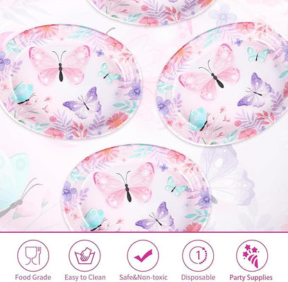 50Pcs Butterfly Oval Paper Plates 10" x 12" Large Disposable Heavy Duty Watercolor Butterfly Floral Party Plates Pink Spring Dessert Platters for Girls Baby Shower Butterfly Birthday Party Supplies