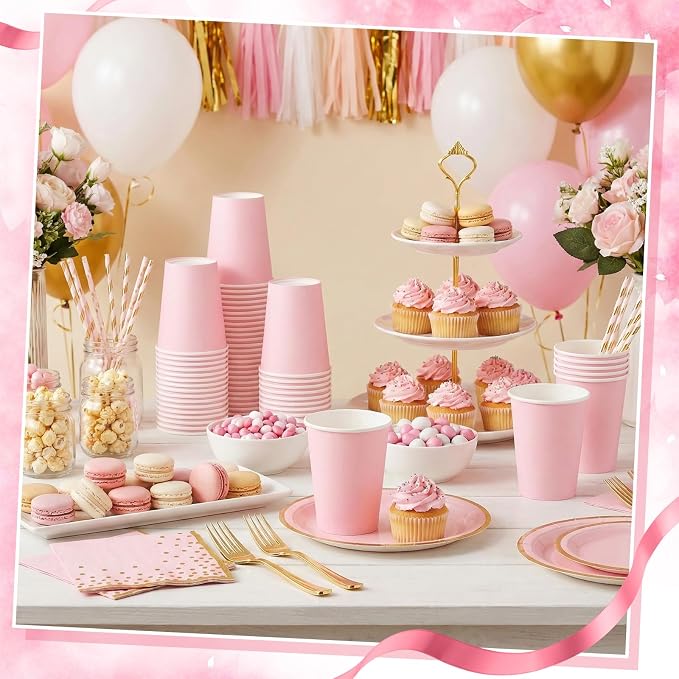 NatNarr 100 Pack Pink Paper Cup, 9oz Pink Party Cups Drinking Cups | Disposable - Image 6