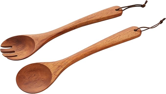 Woodard & Charles 14" Wood Salad Servers w/Leather Strap, Cherry Stain | - Image 6