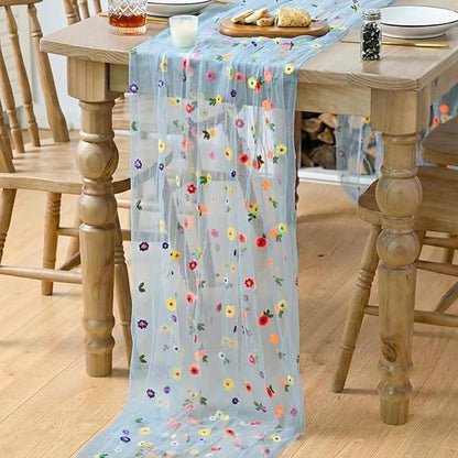 Artoid Mode Blue Embroidery Daisy Gauze Table Runner 59x120 Inch 10FT | - Image 4