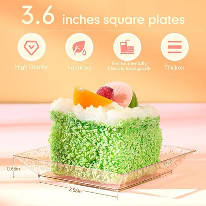 Zhehao 50 Pcs Plastic Dessert Appetizer Plates Disposable, 3.6 x 3.6 Inch Small Square Plastic Dessert Cake Plate for Party, Valentine's Day Wedding Birthday Bridal Baby Shower Supplies (Gold Clear)