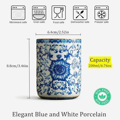 Blue and White Floral Porcelain Tea Cups Set of 2 | No Handle, Bone China - Image 5