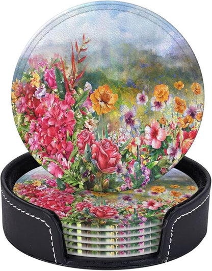 6 Pcs Flower Rose Spring Floral Leather Coasters by Jfniub