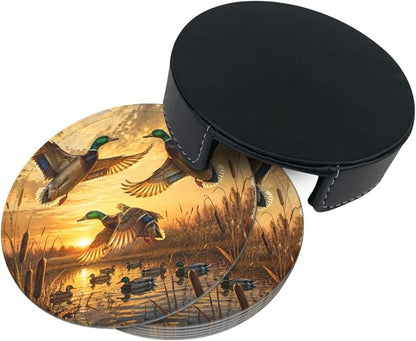 Rustic Mallard Ducks Art Leather Coasters Set of 6 - Image 3