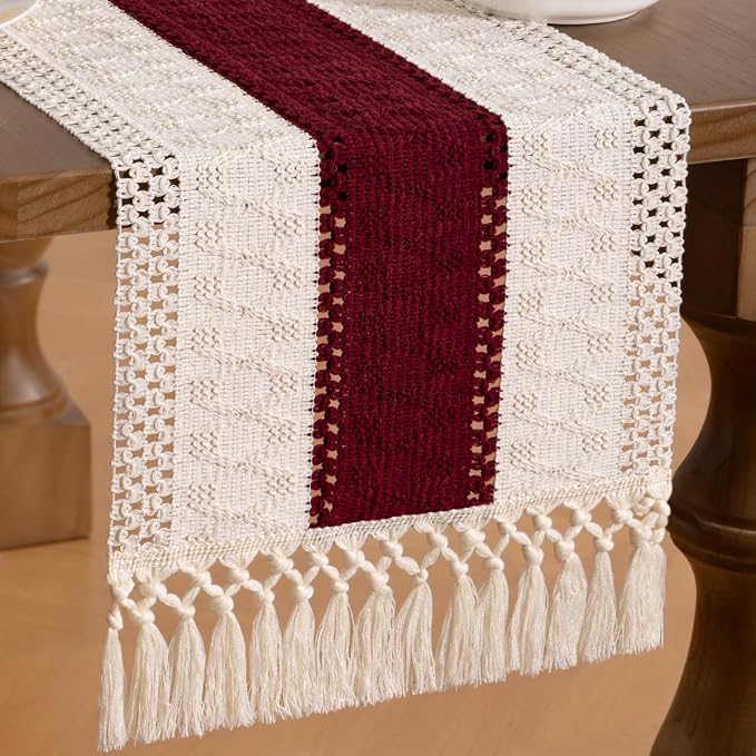 MLMW Boho Ivory Burgundy Table Runner Farmhouse Burlap Small Table Runner by MLMW