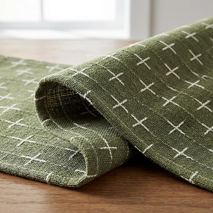 Artoid Mode Olive Green Cross-Star Textured Table Runner, Seasonal Waterproof - Image 6