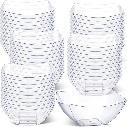 Tanlade 50 Pcs Square Plastic Serving Bowls Disposable Snack Salad Bowl Small Party Candy Bar Containers Taco Bar Serving Dishes for Buffet Chips Fruit (12 oz,Clear)