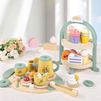 Wooden Tea Party Set for Little Girls Pretend Food Play for Toddler 3-5 | Kids - Image 3
