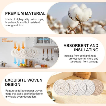 OIAHOMY 10 Pcs Drink Coasters with Holder, Boho Cotton Woven Coaster Set, Absorbent Coaster Protection for Various Cups, Ideal for Coffee Tables Home Decor and Gift, 4.3 Inches,Mixed Yellow