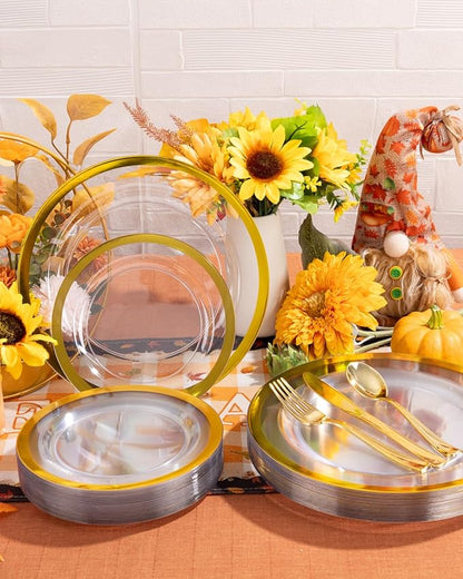 YOUBET 210PCS Gold Plastic Plates - Heavy Duty Clear Gold Disposable Plates Includes 30 Dinner Plate, 30 Dessert Plate, 30 Gold Cups, 30 Napkins for Party & Wedding