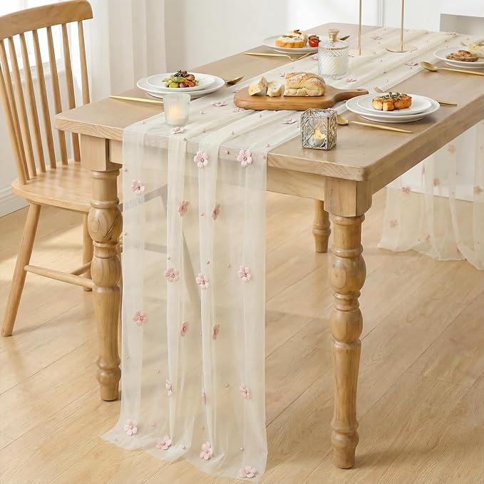 Artoid Mode Pink Flower Pearl White Gauze Table Runner 10FT 6PC, Seasonal Sheer - Image 3