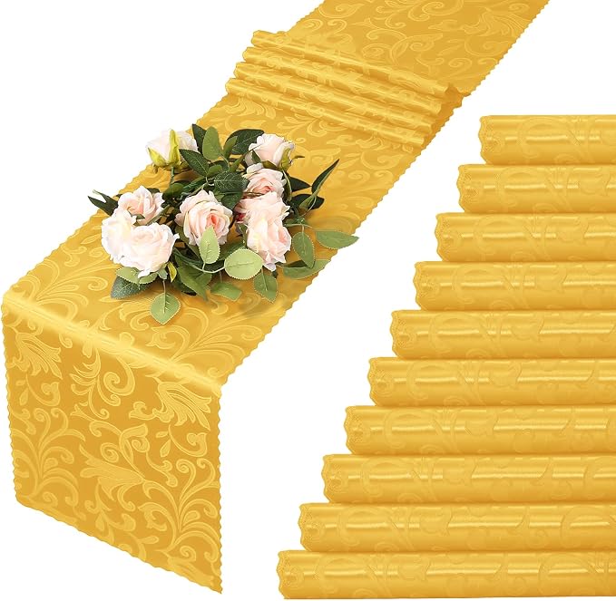 MILVOWOC Gold Satin Table Runner, 12 Pack, 12 x 72 Inch | Jacquard Damask by MILVOWOC