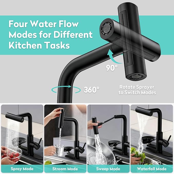 Waterfall Kitchen Faucet with Pull Down Sprayer & Glass Rinser | 4 Adjustable - Image 5