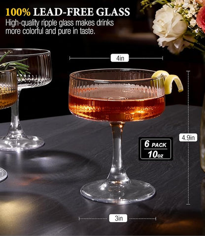 Coupe Glasses Set of 6, 10oz Ribbed Large Martini Glass - Image 4