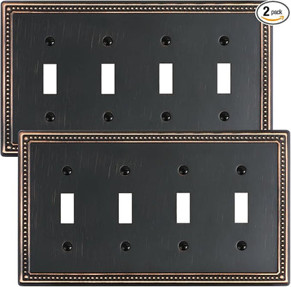 2-Pack Quad Toggle Light Switch Cover Plate, 4 Gang Metal Switch Plate Covers, Aged Bronze Pearls Decorative Wall Plate, Corrosion Resistant