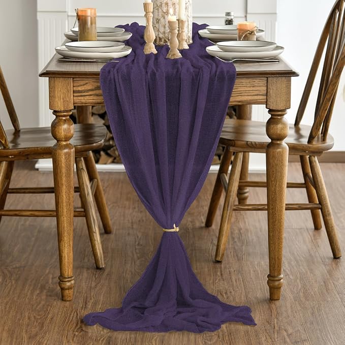 Artoid Mode Boho Cheesecloth Gauze Purple Wedding Table Runner, 120 Inch - Image 4