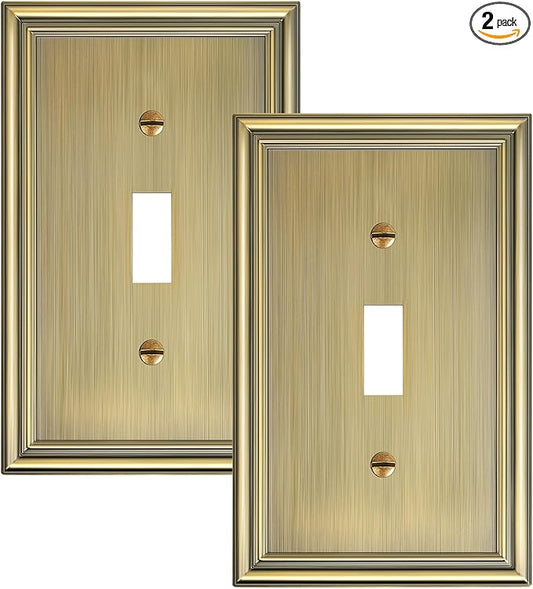 2-Pack Single Toggle Light Switch Cover Plate, Durable Solid Zinc Alloy Decorative Switch Plate Covers, Antique Brass 1 Gang Wall Plate, Corrosion Resistant