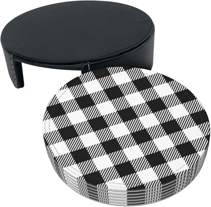 6 Pcs Black and White Buffalo Check Plaids Leather Coasters - Image 4